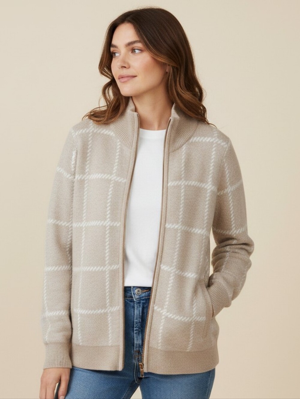 Rachel Zoe Wool Blend Tan Zip Up Mock Neck Knit Cardigan Sweater Women's Medium